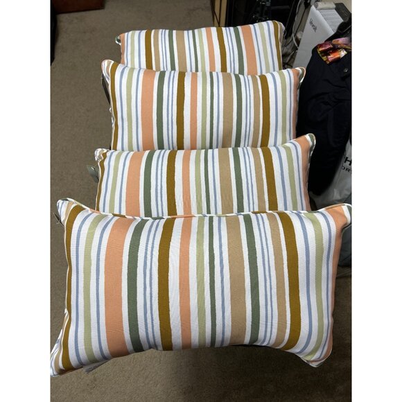 Set of 4 NEW Decorative Throw Patio Pillows Rectangular Stripe Brown Blue - Picture 1 of 5